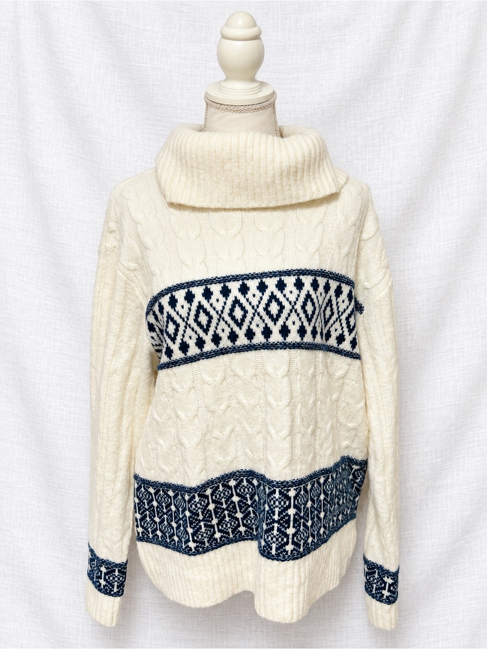 Northern Reflections Cream Cable Knit Fair Isle Turtleneck Sweater Size L
